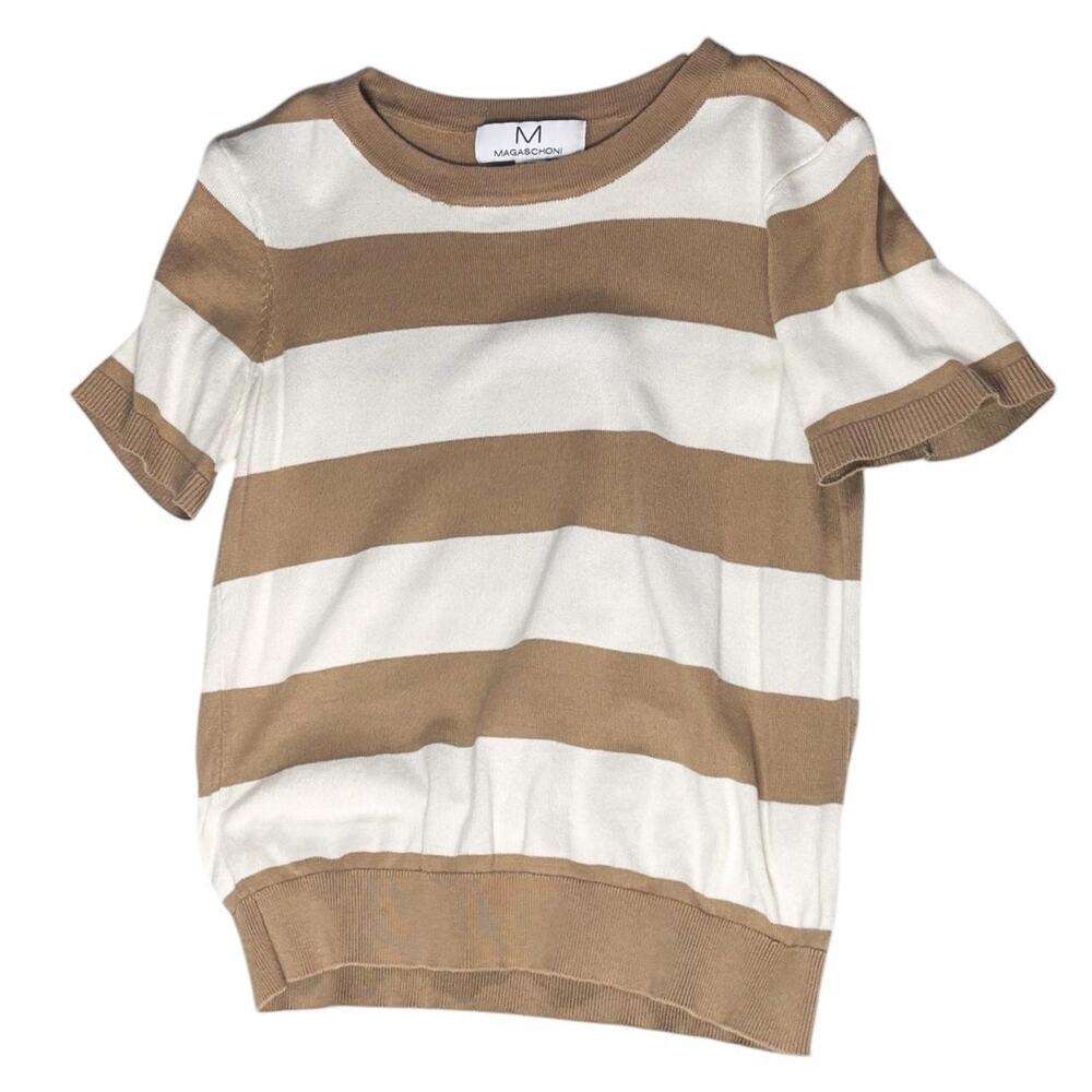 Magaschoni Striped Brown/White Short Sleeved Sweater T-shirt Top